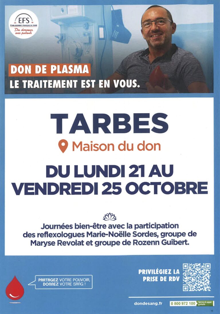 Flyer officiel du don du sang et de plasma à Tarbes